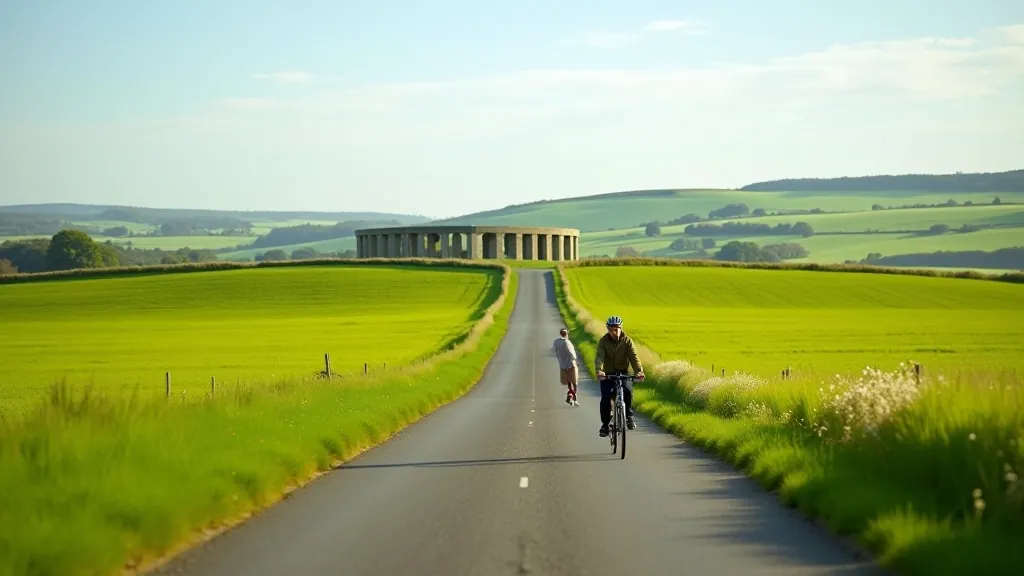 Ancient stone monument of Newgrange visible across green fields with cycling path in foreground