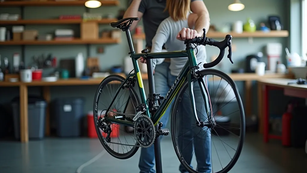 Close-up of bicycle being adjusted on workbench with tools scattered around and maintenance instruction manual open