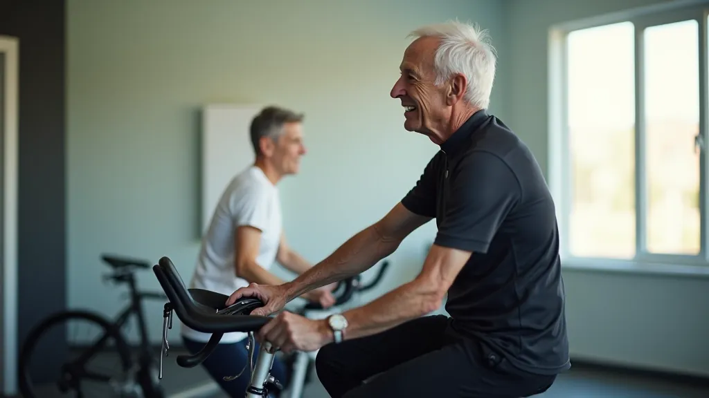 Close-up side view of cyclist on stationary bike with proper seat height and posture alignment, indoor gym setting with natural lighting