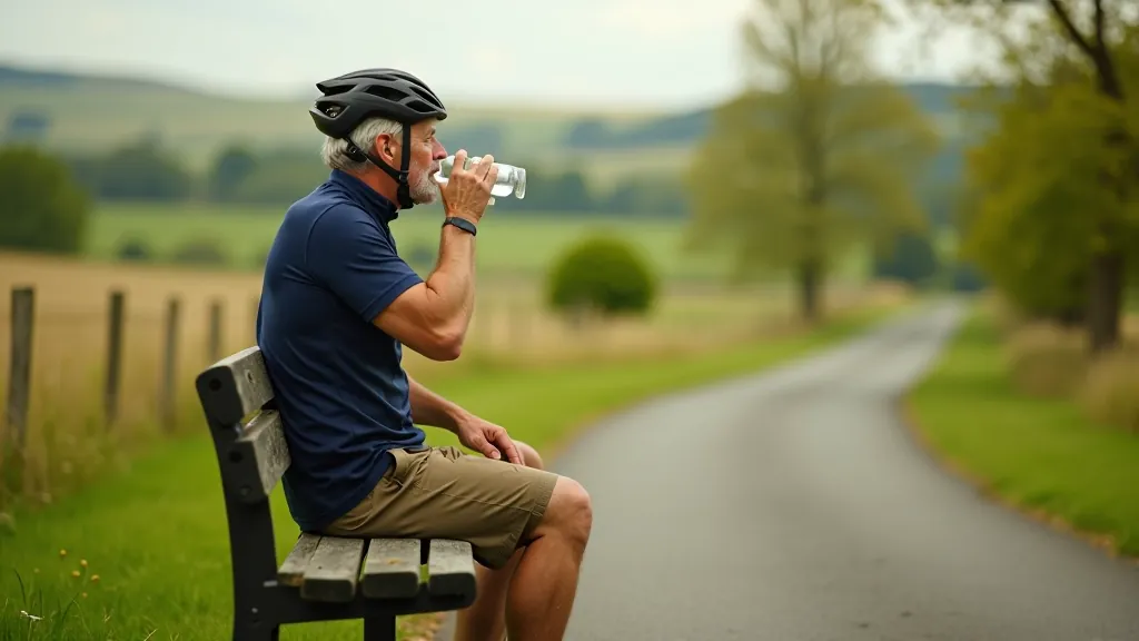 Cyclist resting on bench by scenic path, taking water break, blue sky and trees