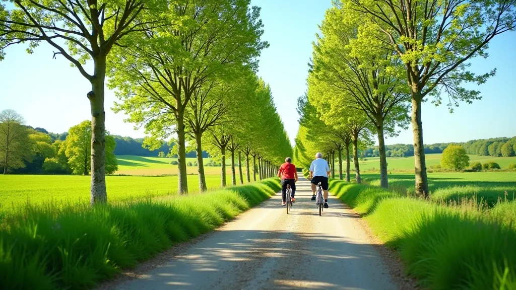 Scenic view of tree-lined cycling path in rural countryside with green fields on both sides and clear blue sky