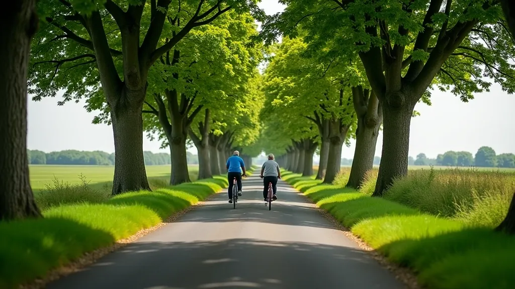 Wide-angle view of flat cycling path stretching into distance with mature trees creating natural tunnel and open sky ahead