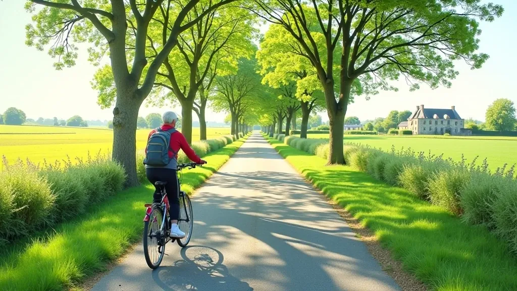 Aerial view of cycling path through green countryside with historic stone structures visible in distance