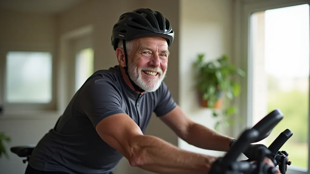 Senior man in cycling helmet and padded shorts, sitting on stationary bike in bright home gym with windows