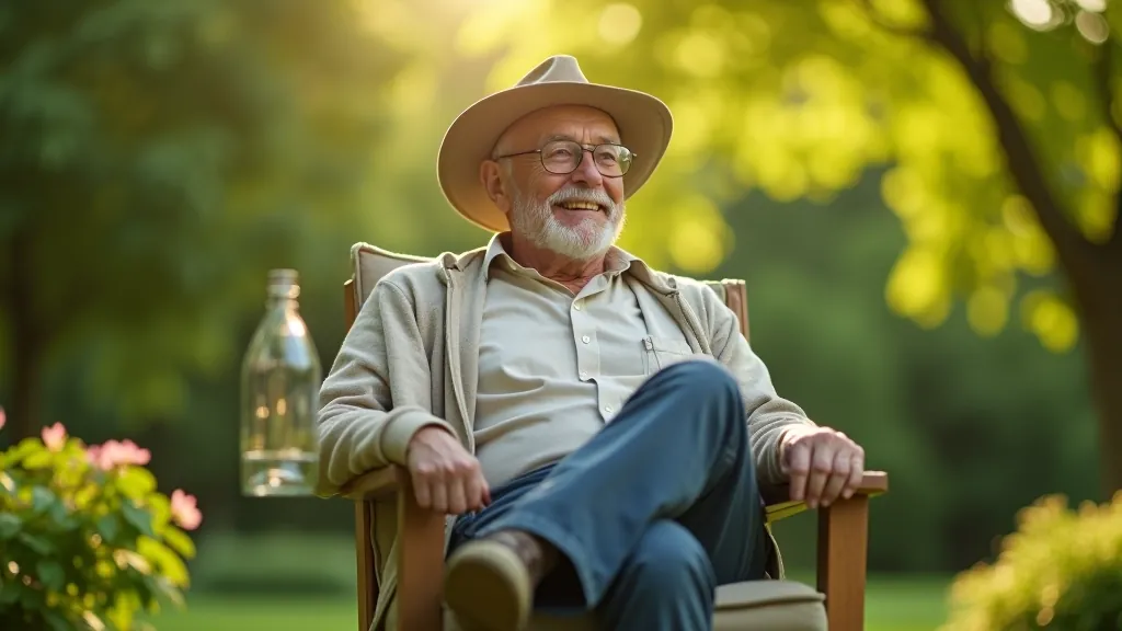 Relaxed senior man seated outdoors in garden chair with feet elevated on stool, holding water bottle, peaceful garden setting