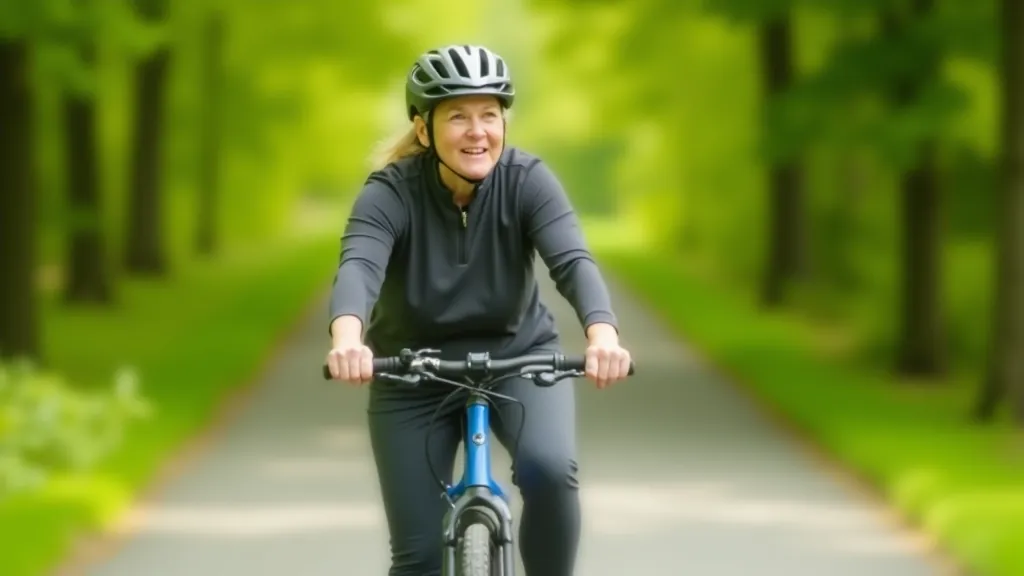 Senior woman on hybrid bike, smiling while riding on flat paved path with green trees lining both sides