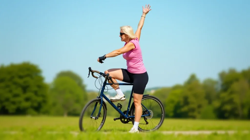 Senior woman cyclist in safety gear on outdoor cycling path