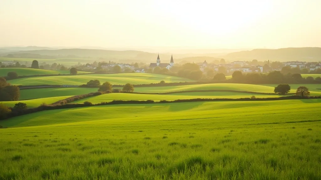 Wide panoramic view of Boyne Valley with green fields, cycling path winding through countryside and distant village